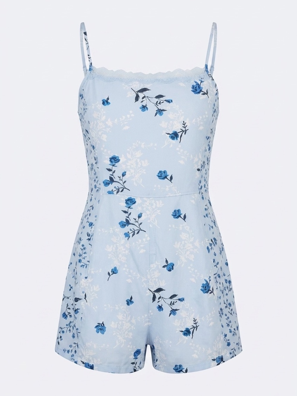 Girls light Blue Floral Lace-Trim Romper -